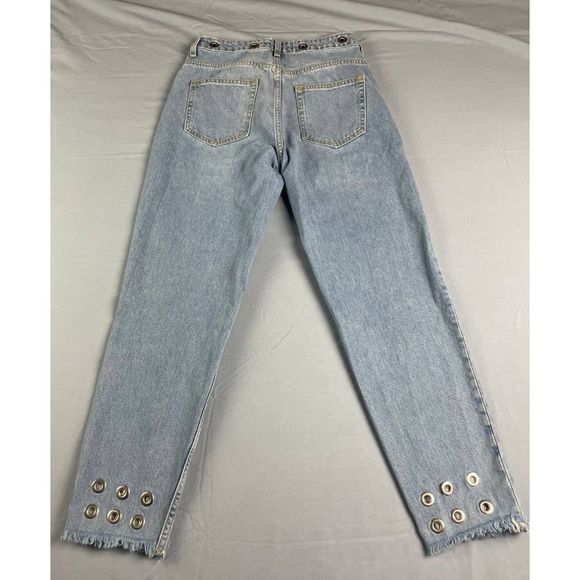 ZARA Basic Z1975 Denim High Rise Straight Jeans Grommets Frayed Hem Blue Size 2 - Picture 2 of 7